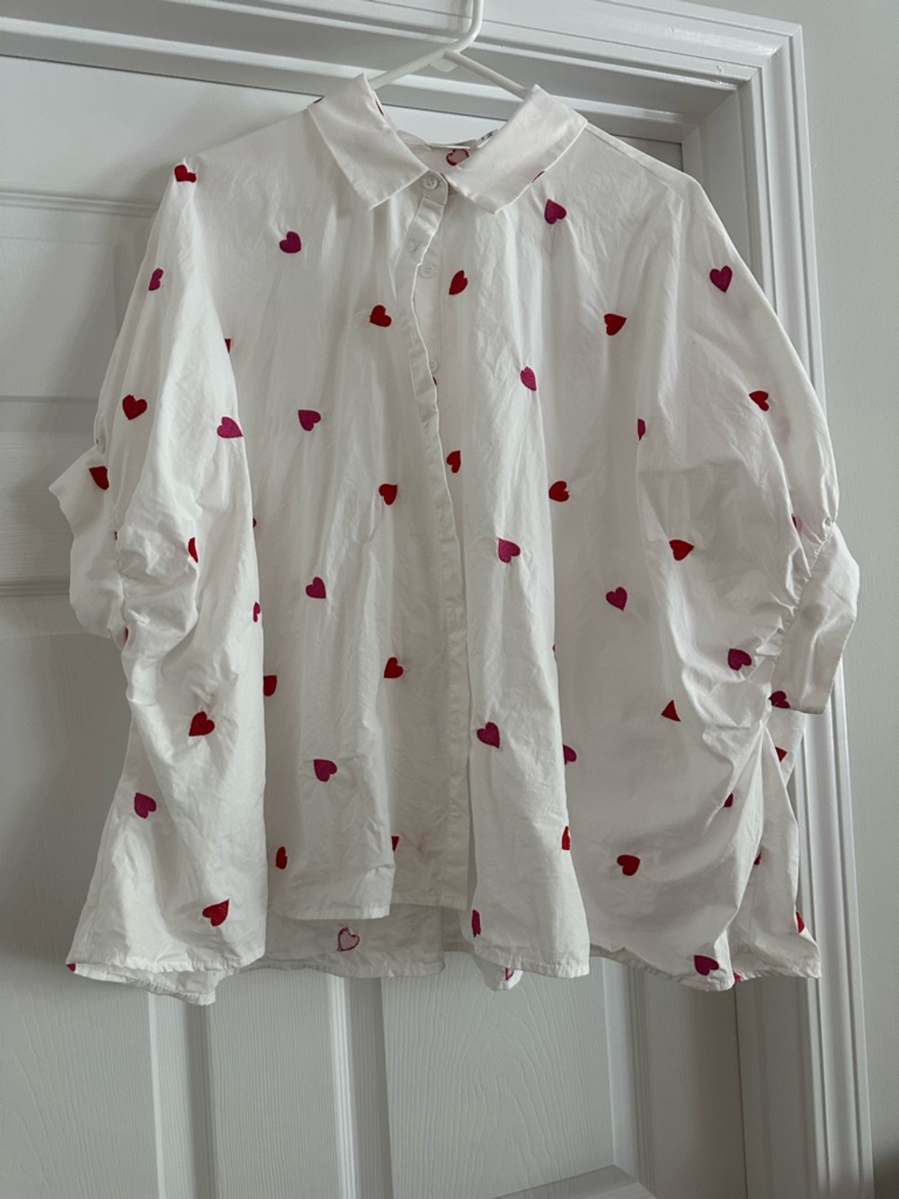 White Heart-Print Button-Down Shirt
